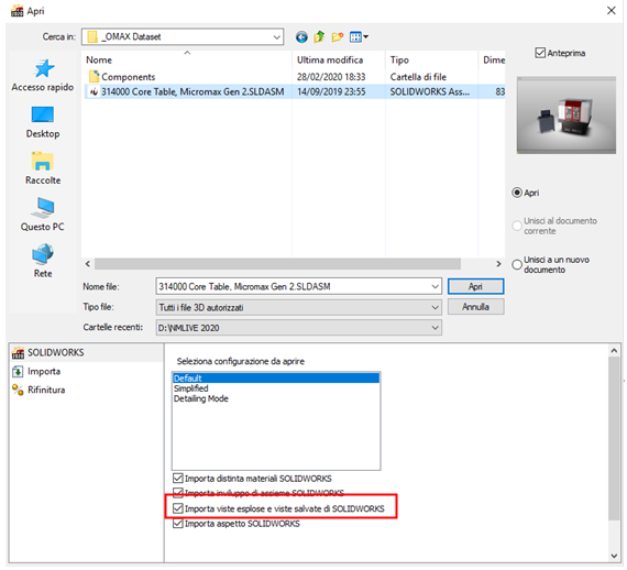 SW Composer 2020 importazione viste esplose Nuovamacut